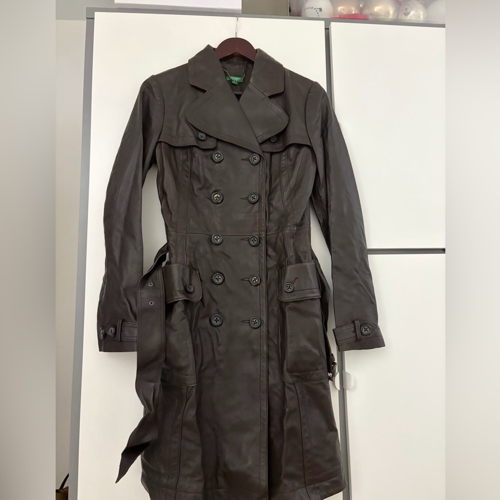 United Colors Of Benetton Dark Brown Double-Breasted Leather Trench Coat - Picture 1 of 7